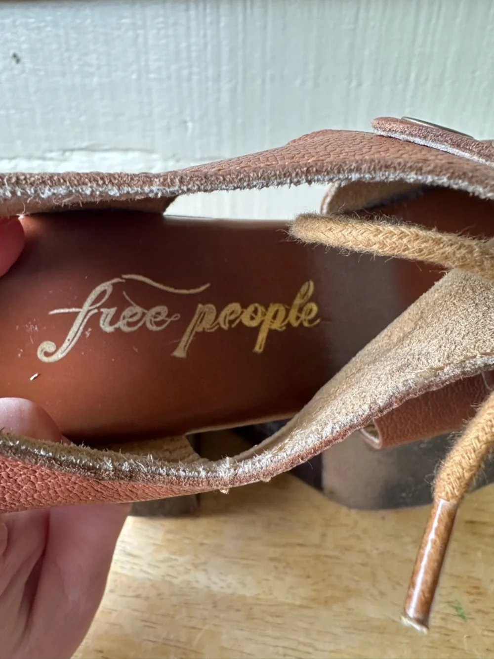 Free People Farrah Brown Leather Wooden Heel Engraved Platform Sandal Brown